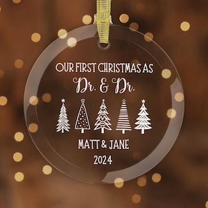 Dr. & Dr. Our First Christmas Glass Ornament, MD DO PhD Doctor Couple Med School Graduation Gift