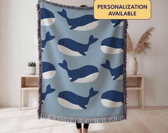 Blue Whale Personalized Blanket: 100% Cotton Woven Throw, Kids Ocean Room Decor, Custom Message