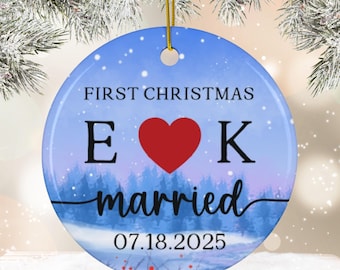 First Christmas Married Newlyweds Ceramic Ornament, Personalized Initials Wedding Date Keepsake, Custom Christmas Gift