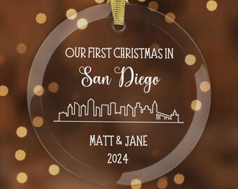 Custom First Christmas in San Diego Ornament, Personalized Housewarming Moving Gift for Couple or Family, New City, New Home or Apartment
