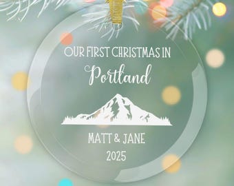 Personalized Portland Glass Christmas Ornament, Housewarming Moving Gift for Couple or Family, First Christmas in New City Home Apartment