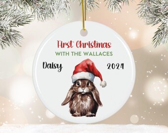 Custom Bunny First Christmas Ornament, Personalized Rabbit Name Ornament, New Pet Holiday Gift for Kids, Family Memory Ceramic Ornament