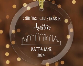 Personalized Austin Texas Skyline Christmas Ornament, Custom Housewarming Gift for Couple Family, New Home Apartment, New City Moving Gift