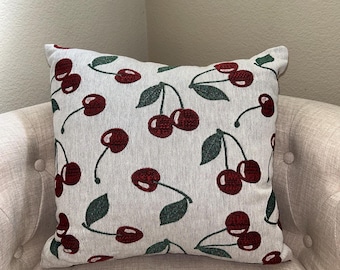 Vintage Cherry Woven Pillow, Farmhouse Cottagecore Decor, Red Cherries Fruit Accent Pillow