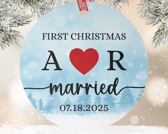 First Christmas Married Newlyweds Ornament, Personalized Initials Wedding Date Metal Ornament, Custom Christmas Keepsake Gift