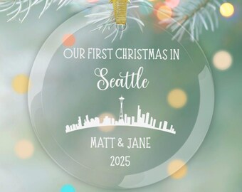 Personalized Christmas in Seattle Glass Ornament, Xmas Holiday Moving Gift for Couple Family, New City Home Apartment Housewarming