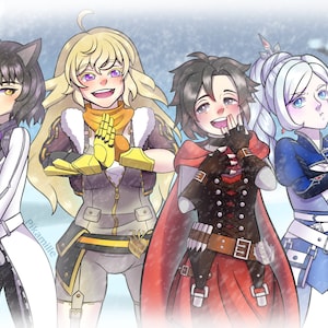 Peut inclure: Quatre personnages de style anime dans un paysage enneigé. Les personnages sont tous des femmes avec des couleurs de cheveux et des tenues différentes. Le personnage à gauche porte un manteau blanc et un pantalon noir. Le personnage au centre porte une veste jaune et un pantalon marron. Le personnage à droite porte une veste bleue et un pantalon blanc. Le personnage à l'arrière porte une veste rouge et un pantalon noir.