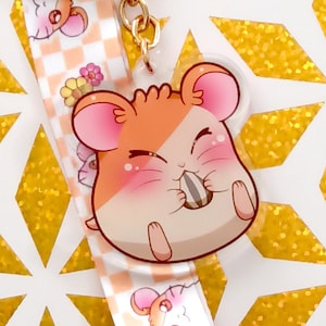 Hamtaro Keychain and Wrist Strap | Acrylic Charm & Lanyard Set | Cute Anime Hamster | Kawaii Accessories for Keys, Bags and Stationery