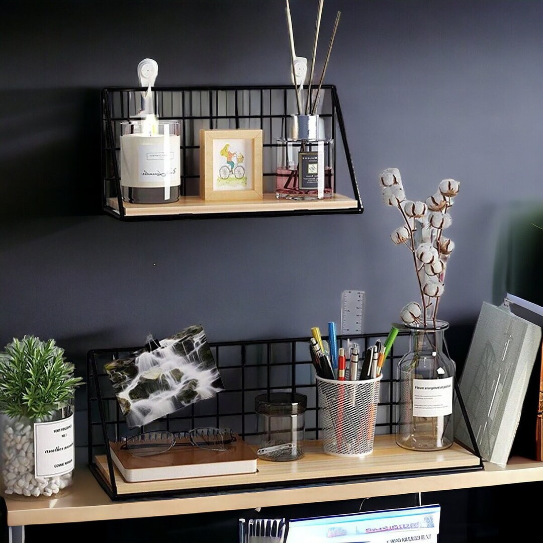 Steel Mounted Wall Shelves Wall Hanging Basket Wood Base Storage Iron Steel Mounted Wall Shelves Wall Hanging Basket Wood Base Storage Iron
