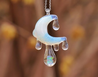 Glass Moon with Opal Waterdrops Pendant, Fumed Silver Gold Lampwork Craft, Crescent Moon Necklace