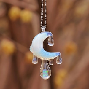 Glass Moon with Opal Waterdrops Pendant, Fumed Silver Gold Lampwork Craft, Glass Crescent New Moon Necklace, Moon Lovers Gift, Gift for Her