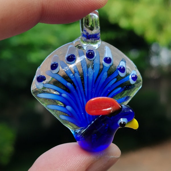 Glass Proud Peacock Pendant, Lampwork Glass Art Blue Peacock Charm Necklace, Boho Statement Cosplay Costume Party Necklace, Bird Jewelry