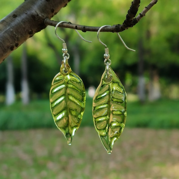 Glass Real Leaf Earrings, Sterling Silver Ear Hook, Lampwork Glass Art Green Leaves Drop Earrings, Nature Plant Leaf Earring, Spring Jewelry