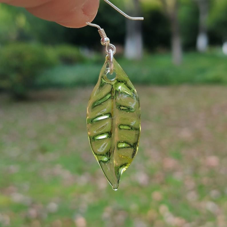 Glass Real Leaf Earrings, Sterling Silver Ear Hook, Lampwork Glass Art Green Leaves Drop Earrings, Nature Plant Leaf Earring, Spring Jewelry image 4