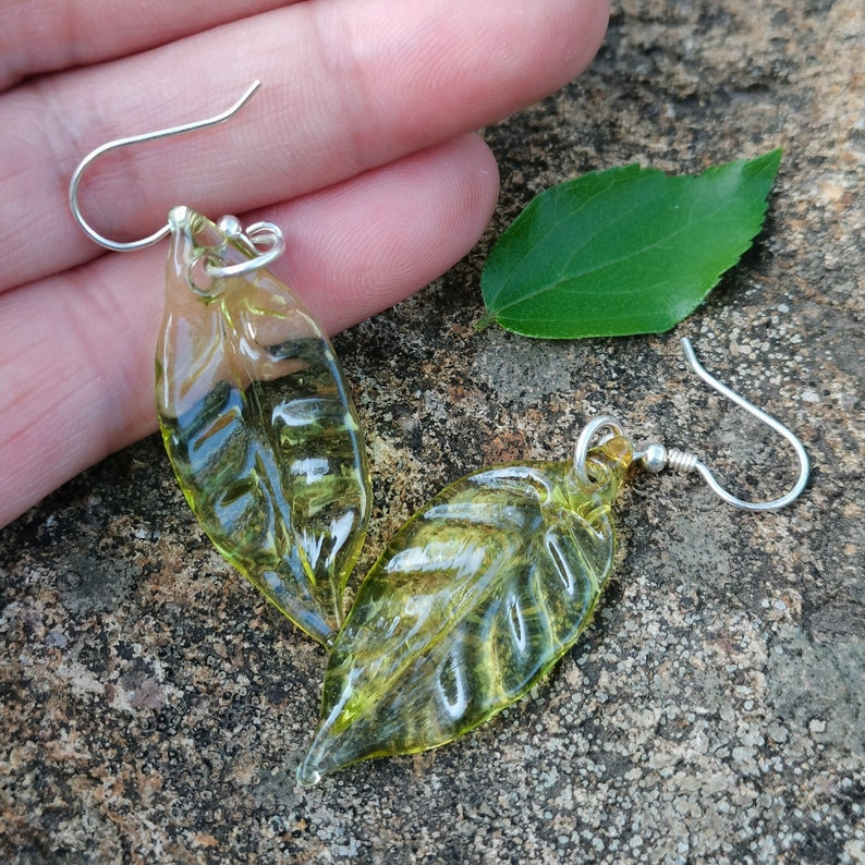 Glass Real Leaf Earrings, Sterling Silver Ear Hook, Lampwork Glass Art Green Leaves Drop Earrings, Nature Plant Leaf Earring, Spring Jewelry image 2