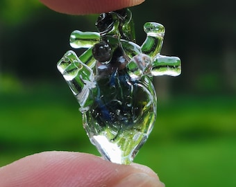 Black Glass Heart Pendant, Anatomical Heart Lampwork Art Necklace, Gothic Boho Halloween Jewelry