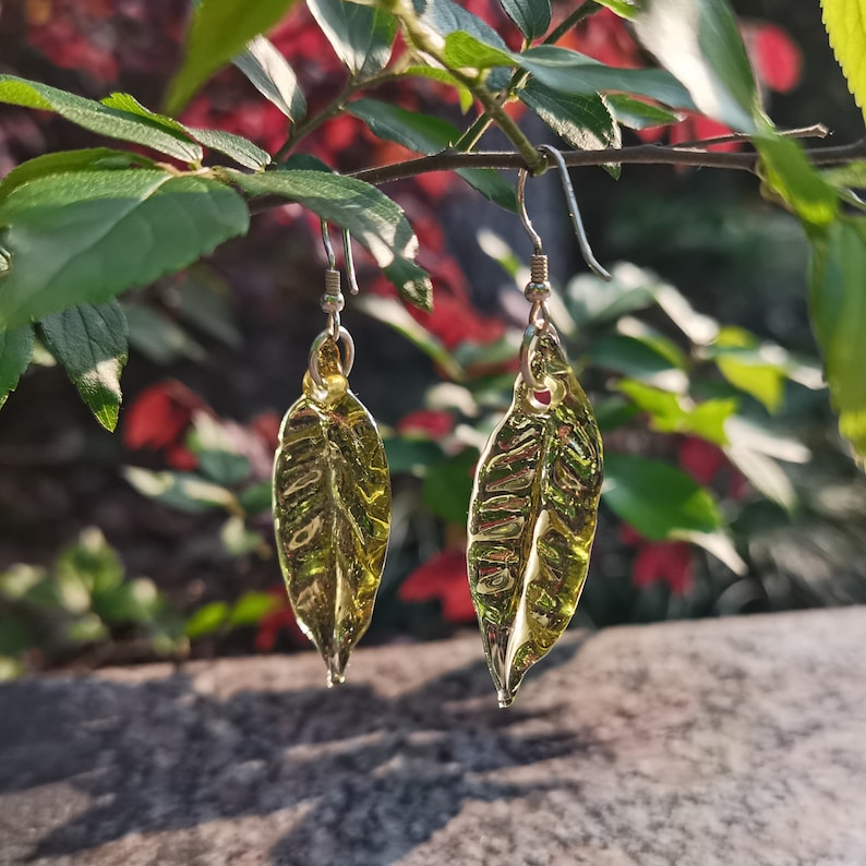 Glass Real Leaf Earrings, Sterling Silver Ear Hook, Lampwork Glass Art Green Leaves Drop Earrings, Nature Plant Leaf Earring, Spring Jewelry image 6