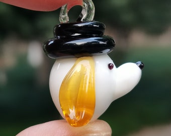 Glass Dog Pendant, Lampwork Glass Art Dog Necklace, Unique Cute Golden Retriever with Top Hat Pendant, Pet Lovers Necklace, Dog Lovers Gift