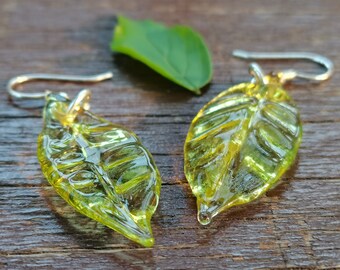 Glass Real Leaf Earrings, Sterling Silver Ear Hook, Lampwork Glass Art Green Leaves Drop Earrings, Nature Plant Leaf Earring, Spring Jewelry