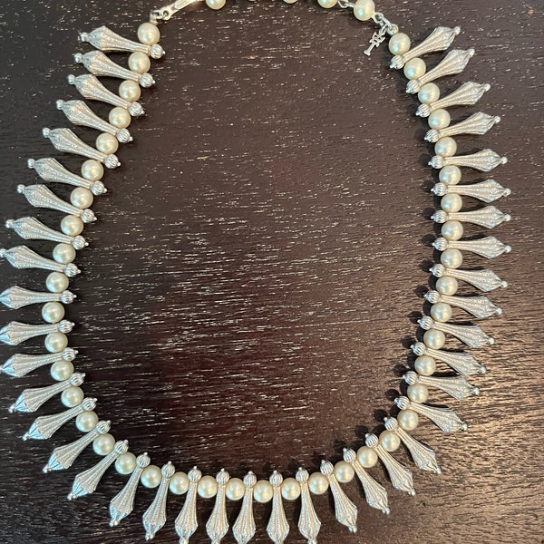 Rare Vintage Crown Trifari Silver and Pearl Choker Created by Alfred Philippe Estate Find Adjustable Choker Style  Stamped Trifari on Clasp