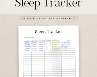以下が含まれることがあります： 睡眠トラッカーの印刷用ドキュメント。日付、就寝時間、起床時間、睡眠時間、星アイコン付きの睡眠の質、メモの列があります。ヘッダーには「Sleep Tracker」、「A5, A4 & US Letter Printable」と記載され、月を入力する欄があります。
