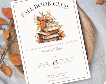 Editable Fall Book Club Invitation | Cozy Printable Invitation | Book Lovers | Canva Template | Reading Group Invite | Book Party Flyer