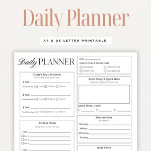 Peut inclure: Planificateur quotidien imprimable, au format A4 et US Letter, avec une palette de couleurs neutres. Il comprend des sections pour les priorités, la répartition des tâches, et des repères temporels. Il y a aussi un espace pour les idées.