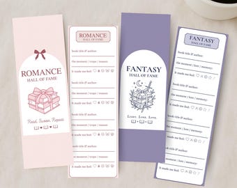 Printable Book Tracker Bookmark Set, Romance & Fantasy “Hall of Fame” Reading Log, Reader Trophy Keepsake, Gift for Book Lovers, Book Review