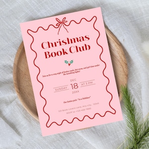 Invito modificabile per il club del libro di Natale / Invito stampabile carino / Amanti dei libri / Modello Canva / Riunione festiva del club del libro stampabile