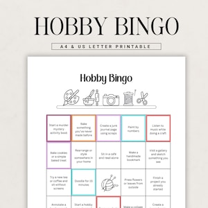 May include: A printable "Hobby Bingo" game sheet with a black and white design. The title "HOBBY BINGO" is at the top, with the text "A4 & US LETTER PRINTABLE" below it. The bingo card features various hobby-related activities.