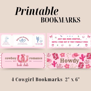 Set von 4 Cowgirl Romanze druckbare Lesezeichen, rosa Ästhetik, niedliche Western Book Club Lesezeichen, Ticket Lesezeichen, Bücherwurm Geschenke, Bücherwurm