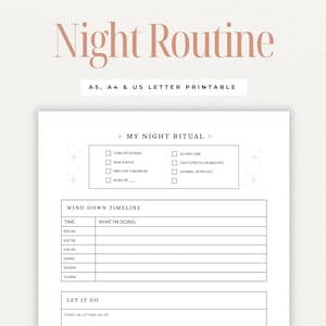 Könnte beinhalten: Druckbarer Nachtroutine-Planer mit Abschnitten für "Mein Abendritual", "Entspannungs-Zeitplan" und "Loslassen". Der Planer enthält Kontrollkästchen für Aktivitäten wie das Ausschalten von Bildschirmen, das Lesen eines Buches, die Vorbereitung auf den nächsten Tag, die Hautpflege, leichtes Dehnen oder Meditieren sowie das Führen eines Tagebuchs oder Reflektieren. Der Abschnitt "Entspannungs-Zeitplan" hat eine Spalte für die Zeit und eine Spalte für das, was Sie tun. Der Abschnitt "Loslassen" bietet Platz, um aufzuschreiben, was Sie loslassen, und einen kleinen Sieg für den Tag.