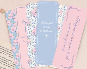 Set of 6 Coquette Printable Bookmarks, Pink and Blue, Girly Era Bookmark, Soft Girl Bookmark, Cute Bookmark,Romantic Bookmark, Bows