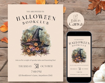 Invitación editable para club de lectura de Halloween / Invitación acogedora para club de lectura / Invitación imprimible / Amantes de los libros / Plantilla de Canva / Grupo de lectura