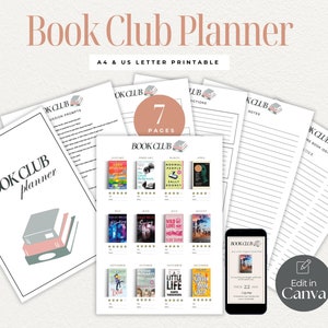 Op de afbeelding: Een printbare boekclubplanner met 7 pagina's. De planner bevat secties voor boekprompts, boekclubnotities en een boekenlijst. De omslag toont een stapel boeken met de tekst "the BOOK CLUB planner".