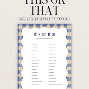 May include: A printable This or That game sheet for readers with a blue and tan plaid border. The text reads This or That, Which kind of reader are you?, and lists pairs like Cozy Mystery or Gothic Horror, Print Book or Audiobook, and Tea or Hot Chocolate.