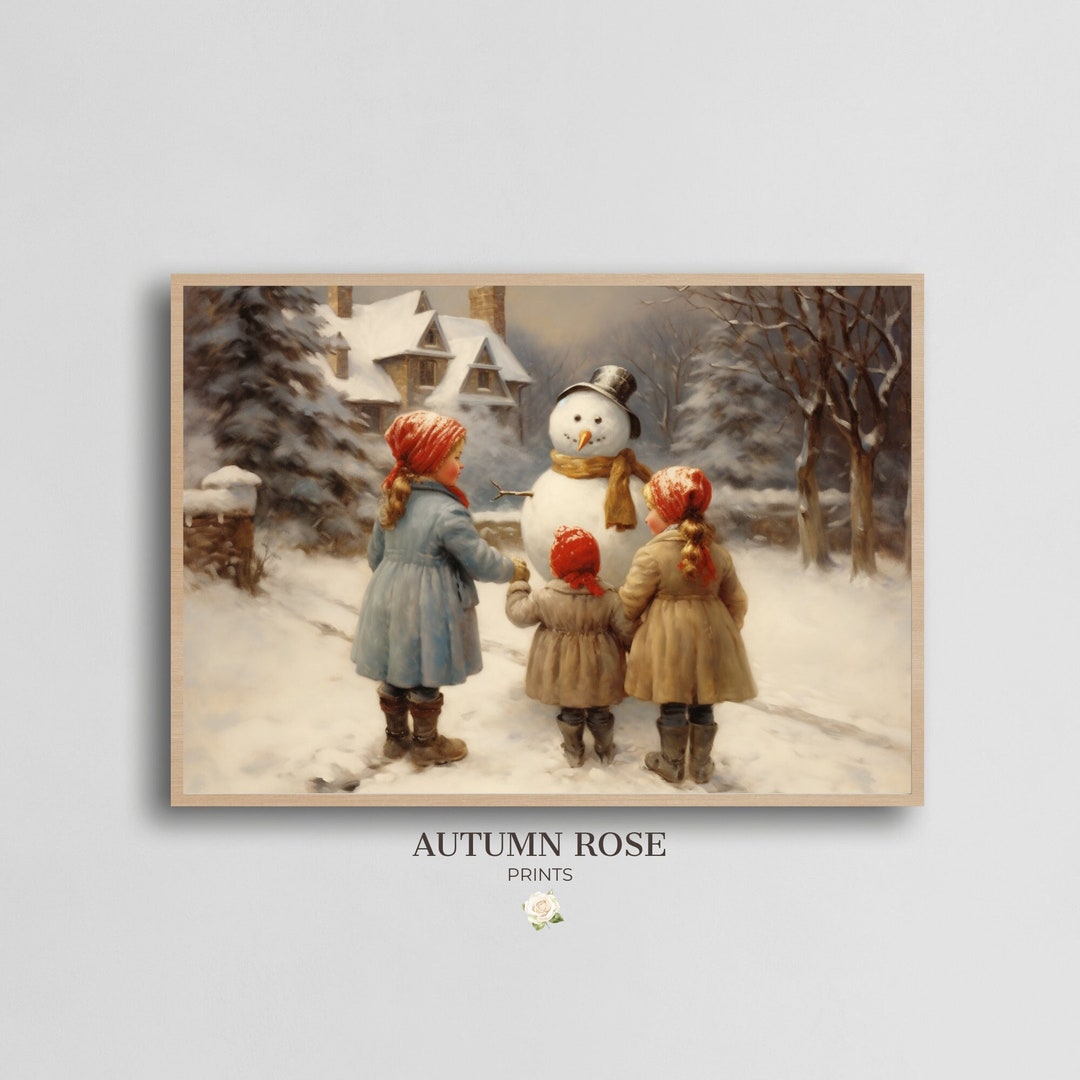 Vintage Winter Scene Oil Painting Print Snowy Day Children Building