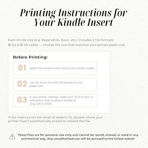 Puede incluir: Un documento blanco con texto negro titulado "Instrucciones de impresi&oacute;n para su inserto Kindle". Las instrucciones incluyen seleccionar el tama&ntilde;o de inserto correcto, usar el archivo A4 o US Letter y asegurarse de que "Imprimir al tama&ntilde;o" est&eacute; seleccionado.