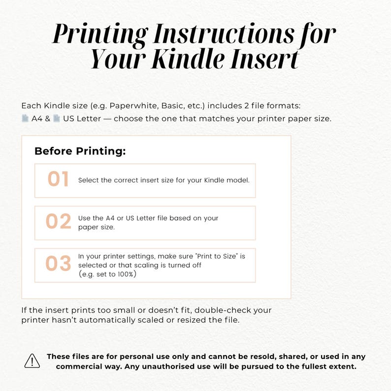 Puede incluir: Un documento blanco con texto negro titulado "Instrucciones de impresi&oacute;n para su inserto Kindle". Las instrucciones incluyen seleccionar el tama&ntilde;o de inserto correcto, usar el archivo A4 o US Letter y asegurarse de que "Imprimir al tama&ntilde;o" est&eacute; seleccionado.