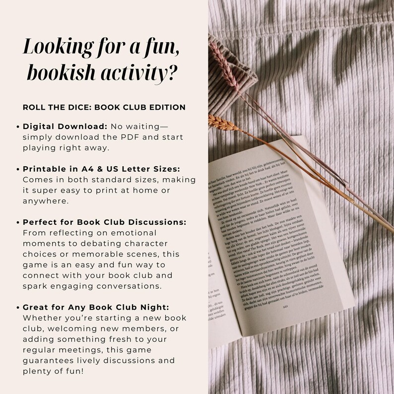 Book Club Discussion Questions Printable, Book Club Cards, Discussion Prompts, Book Review Dice Game, Get To Know You, Book Club Ice Breaker image 8