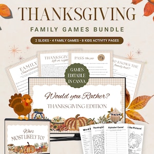 Ensemble de jeux familiaux pour Thanksgiving | Jeux de fête modifiables, activités pour enfants et jeux de diaporama télévisé | Téléchargement numérique imprimable