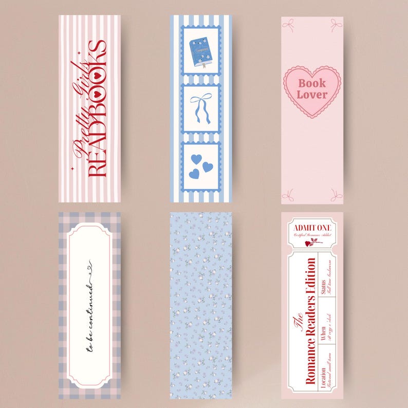 May include: Six decorative bookmarks with various designs. One bookmark has pink and white stripes with the text "Pretty Girls Read Books." Another has a blue and white striped pattern with a film strip design. Other bookmarks feature floral patterns and the text "Book Lover."