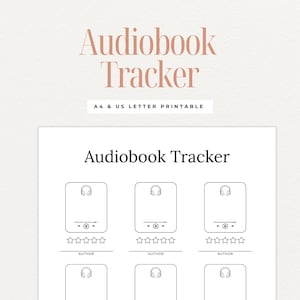 Könnte beinhalten: Ein druckbarer Hörbuch-Tracker mit dem Titel "Audiobook Tracker". Das Design umfasst Bereiche zum Bewerten und Rezensieren von Hörbüchern, mit Abschnitten für den Namen des Autors. Der Text "A4 & US LETTER PRINTABLE" ist ebenfalls enthalten.