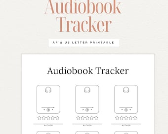 May include: A printable audiobook tracker with the title "Audiobook Tracker" in a stylish font. The design includes spaces to rate and review audiobooks, with sections for the author's name. The text "A4 & US LETTER PRINTABLE" is also included.