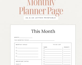 Monthly Planner Printable, Minimal Productivity Planner, Undated Monthly Goals & To-Do List, Productivity Organizer, Instant Download PDF