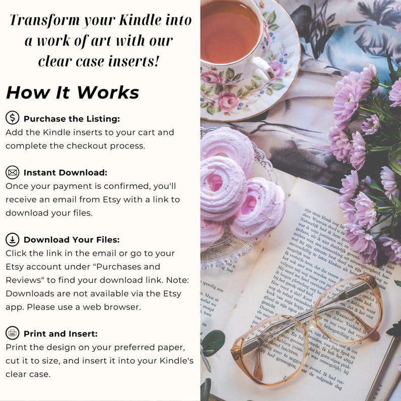 Puede incluir: Imagen con texto: "&iexcl;Transforma tu Kindle en una obra de arte con nuestras inserciones de funda transparente!" y "C&oacute;mo funciona." Tambi&eacute;n se muestra una taza de t&eacute;, flores rosas, un libro, gafas y merengues rosas.