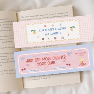 May include: Two rectangular paper bookmarks. The top bookmark has a pink gingham pattern, a scalloped white center, and the text "CURRENTLY READING ALL SUMMER" with small icons of lemons, cherries, and a sun. The bottom bookmark is a blue and pink ticket design with the text "JUST ONE MORE CHAPTER BOOK CLUB" and "ADMIT: ONE BOOKISH GIRLIE" featuring cherries, bows, and ice cream icons.