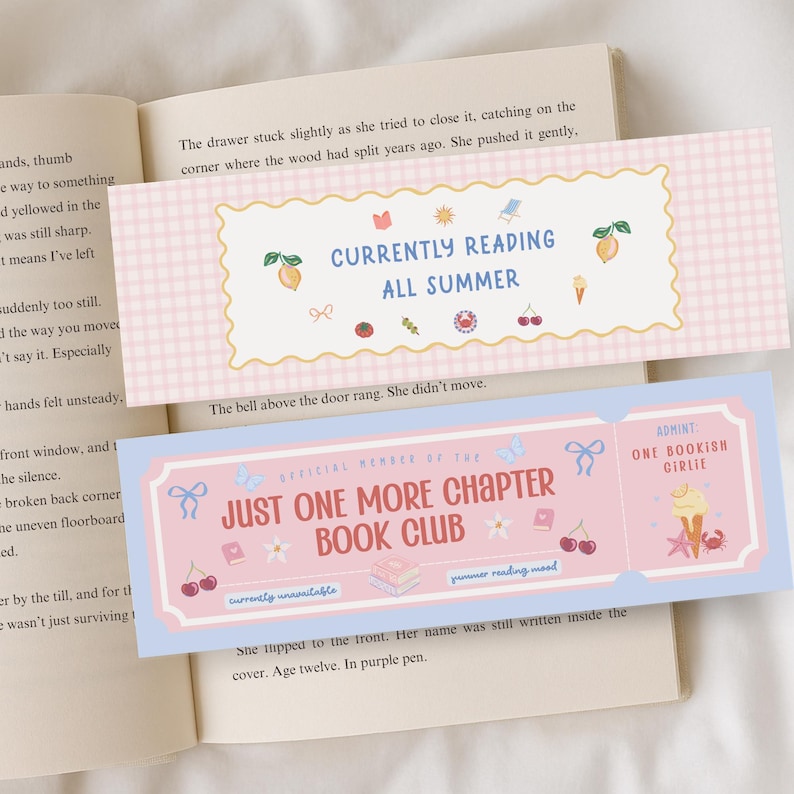 May include: Two rectangular paper bookmarks. The top bookmark has a pink gingham pattern, a scalloped white center, and the text "CURRENTLY READING ALL SUMMER" with small icons of lemons, cherries, and a sun. The bottom bookmark is a blue and pink ticket design with the text "JUST ONE MORE CHAPTER BOOK CLUB" and "ADMIT: ONE BOOKISH GIRLIE" featuring cherries, bows, and ice cream icons.