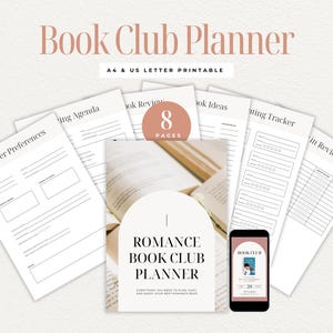 May include: A collection of printable book club planner pages, including a cover page, member preferences, meeting agenda, book review, and reading tracker. The planner is designed for A4 and US Letter sizes. A smartphone displays the planner's cover.