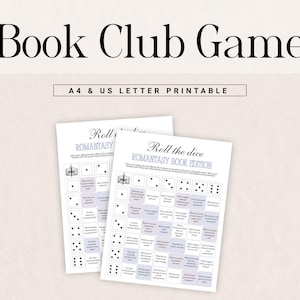 Könnte beinhalten: Zwei weiße bedruckbare Blätter mit dem Text "Book Club Game" und "A4 & US LETTER PRINTABLE". Die Blätter zeigen ein Würfelspiel mit dem Text "Roll the dice ROMANTASY BOOK EDITION". Das Spiel beinhaltet Würfel und Fragen.